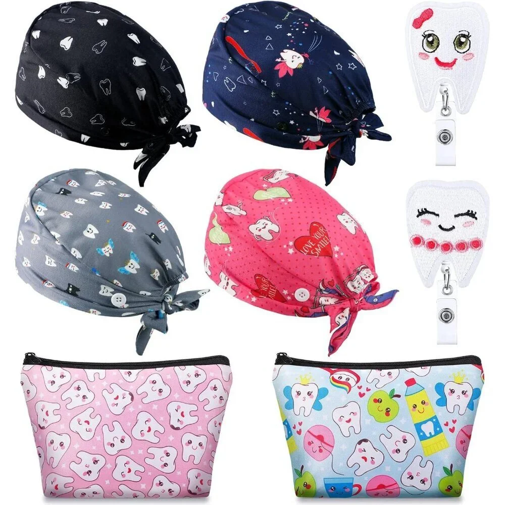 Dental Gifts Set 8 Pcs Includes Scrub Caps Cosmetic Bags Badge Holders